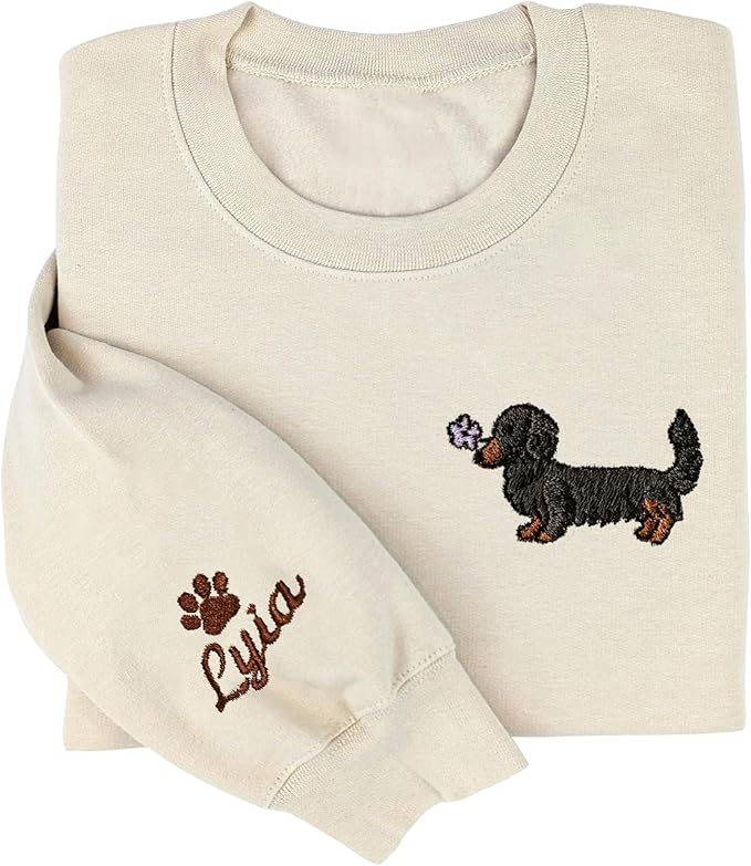 Custom Embroidered Dachshund Sweatshirt with Dog Name on Sleeve, Crewneck Sweatshirt, Wiener Dog Gift, Dachshunds Sweater for Women, Dachshund Mom Gifts, Wienie Shirt