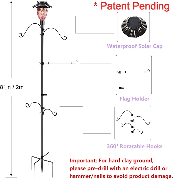 LUJII Solar Shepherds Hooks for Outdoors, Bird Feeder Pole with 4 Adjustable Hangers and 1 Flag Holder, Garden Stand for Hummingbird Feeders, Wind Chimes, Plant Baskets, Lanterns (Purple)