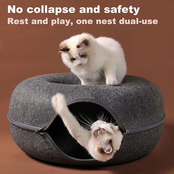 Cat Tunnel Bed for Indoor Cats with 3 Toys, Scratch Resistant Donut Cat Bed, Up to 9 Lbs (M 20x20x9, Dark Grey)