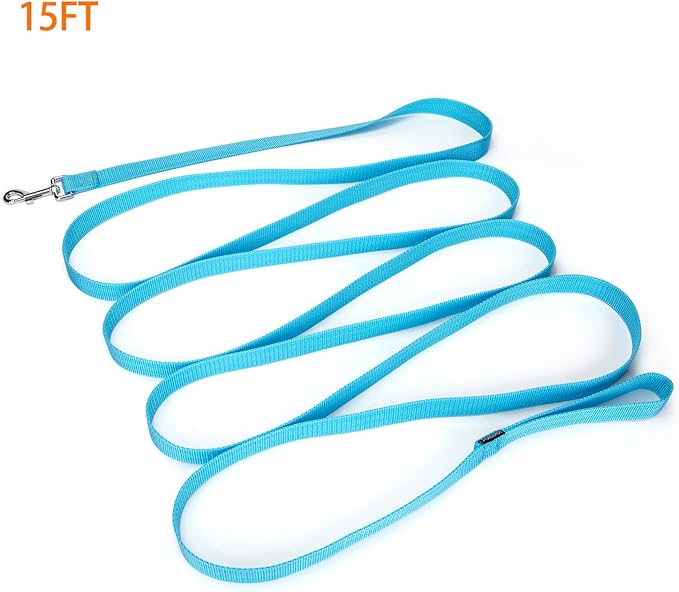 Strong Durable Nylon Dog Training Leash, 1 Inch Wide Traction Rope, 6 ft 10ft 15ft Long, for Small and Medium Dog (Mint Blue, 15 Feet)