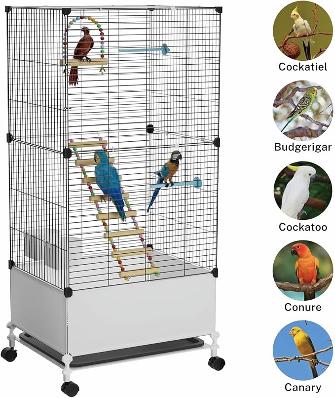 Big Flight Bird Cage, Black Parakeet Cages with Rolling Stand & Wheels, Wide Birdcage for Parrots Cockatiels Conure Budgie Canary Finch Lovebird