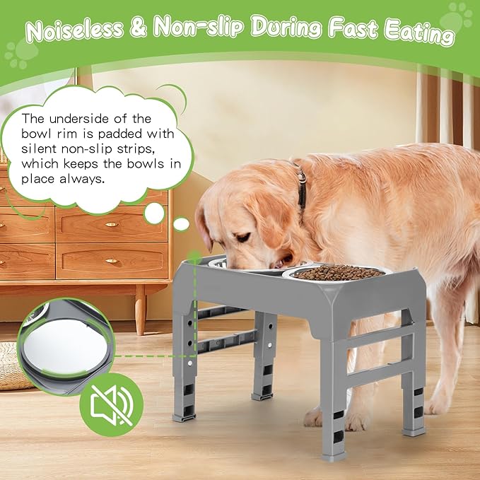 Elevated Raised Dog Bowl Stand with 2 Stainless Steel Bowls, Adjustable Height for Medium Large Dogs, 12.36" - 3.7" Foldable Feeder, Grey