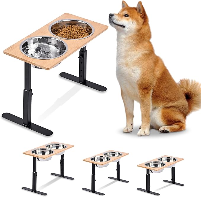 Elevated Dog Bowls,Cats and Dogs Raised Food Feeding Dishes with 2 Stainless Steel Bowls,3 Height Adjustable,Protects Spine,Prevent Vomiting,Anti-Mold Bamboo Stand Feeder Station