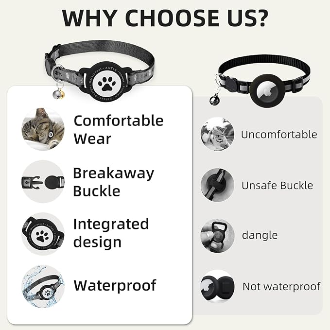 Waterproof Airtag Cat Collar, Reflective Cat Airtag Collar with Bell, Breakaway Cat collar AirTag Holder, Lightweight Kitten Collar for Apple Air tag, Cat GPS Collars for Girl Boy Cats, Kitten (Black)