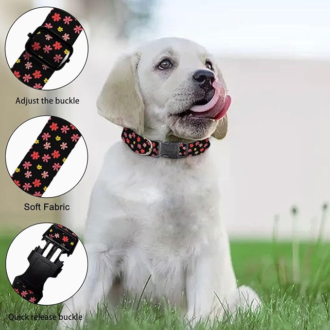 Red Yellow Flowers Floral Dog Collar Pet Neck Strap for Small Medium Large Dogs Soft Adjustable Buckle