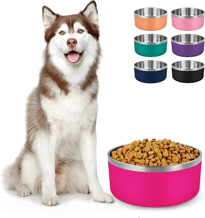 LIHONG Stainless Steel Dog Bowls for Large Dogs,Dog Food Water Bowls with Non Slip Rubber Bottom,Pet Feeding Bowl,Double Wall Insulated,Rustproof(64oz,Pitaya Pink)