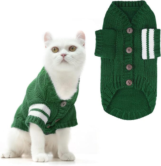 EXPAWLORER Cat Sweater Cardigan - Stylish Knitted Cat Clothes, British Style Soft Puppy Sweater with Sleeve Warm Pet Clothing Knitwear, Fall and Winter Kitten Coat for Girl Boy Cats, Green Large