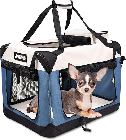 JESPET Soft Dog Crates Kennel for Pets, 3 Door Soft Sided Folding Travel Pet Carrier with Straps and Fleece Mat for Dogs, Cats(6-Lake Blue, Small(24" L x 16.5" W x 16.5" H))