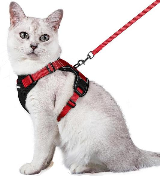 rabbitgoo Cat Harness and Leash for Walking, Escape Proof Soft Adjustable Vest Harnesses for Cats, Easy Control Breathable Reflective Strips Jacket, Black & Red, M