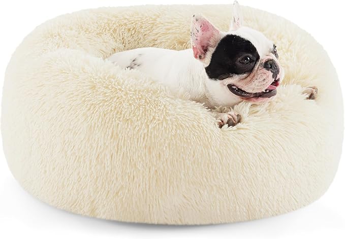 Bedsure Calming Dog Bed for Small Medium Dogs - Donut Washable Medium Pet Bed, 27 inches Anti-Slip Round Fluffy Plush Faux Fur Cat Bed, Ivory Beige