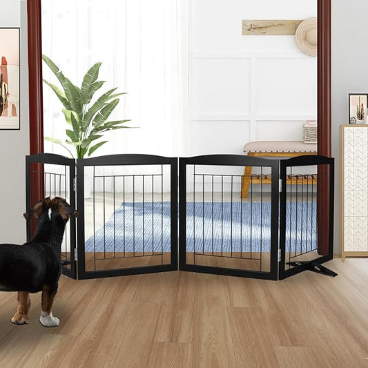 ZJSF Freestanding Dog Fence Indoor, Foldable Dog Gate for Doorways, Stairs or Hallways, Sturdy Wood Extra Wide Pet Gate with Support Feet for The House, Black, 24 "Height-4 Panels