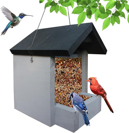 Hanging Wooden Platform Bird Feeder – Outdoor Tray Bird House Feeder for Cardinals and Wild Birds – Flat Platform Feeders for Backyard and Garden Use (Grey)