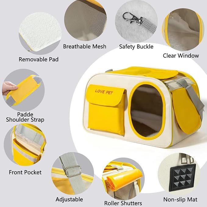 Pet Carrier for Small Cats Dogs, Dog Carrier Travel Bag with Adequate Ventilation, Locking Safety Zippers, Padded Shoulder and Carrying Strap (Yellow)
