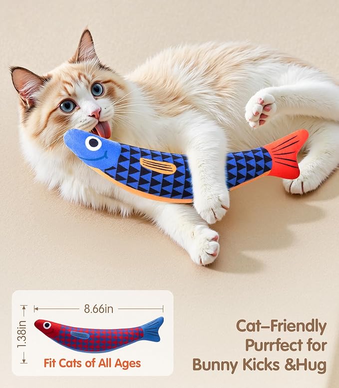 Interactive Cat Toys with [5000mg A+ Natural Catnip &Silvervine] [Baby Grade] Soft Chew Kicker Cat Toys for Indoor Cats & Kittens, Crinkle &Bell Fish Sound Toy, Drives Bored Cats Crazy with Fun,2 Pack