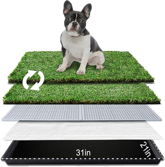 HQ4us Dog Grass Pad with Tray Medium 31”×21” Dog Litter Box Toilet with 2×Artificial Grass for Dogs with Hemmed Edge, Pee Pads for Dogs, Realistic, Less Stink, Potty for Balcony