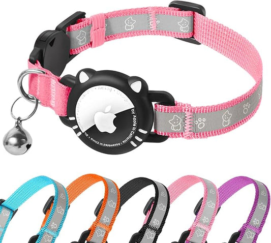 Airtag Cat Collar, Reflective Cat Collar with Apple Air Tag Holder, Breakaway GPS Tracker Pet Collar with Bell for Cat Kitten, Airtag Not Included, Pink, XS(7-9 Inch)