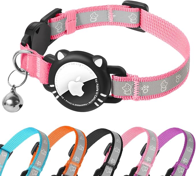 Airtag Cat Collar, Reflective Cat Collar with Apple Air Tag Holder, Breakaway GPS Tracker Pet Collar with Bell for Cat Kitten, Pink, S(9-11 Inch)