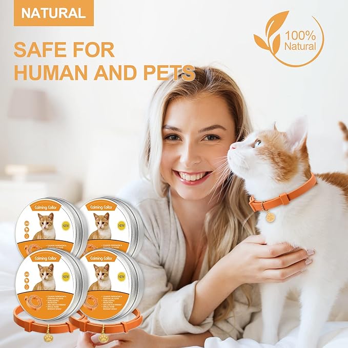 4 Pcs Cat Calming Collar Adjustable Lavender Scent Relaxing Cat Collar with 2 Pendant for Puppies Reduce Stress Aggression Anxious, up to 15 Inches(Orange)