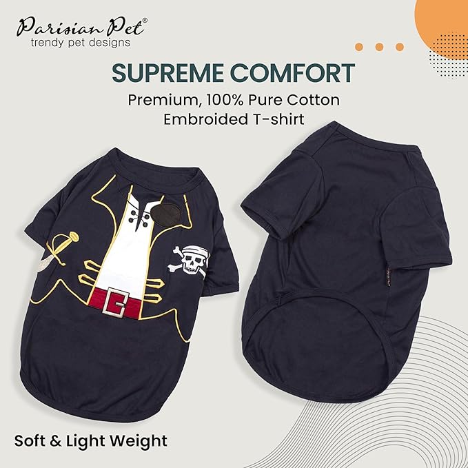 Parisian Pet Captain Sparrow Dog Shirt - Embroidered Pirate Costume - 100% Cotton & Polyester - Sleeved Black Dog Shirt - XL Pet Costume