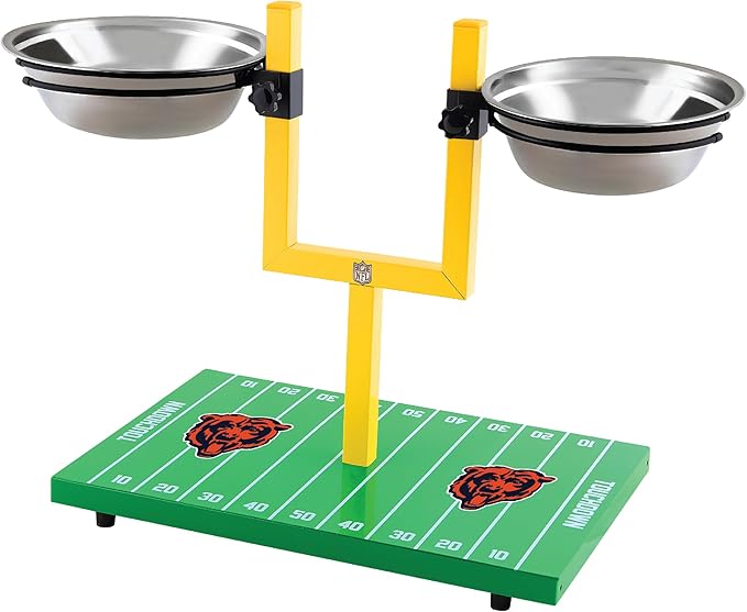 NFL Chicago Bears Goalpost Football Field Dog Feeder – Adjustable Elevated Dog Bowls with Stand, 2 Stainless Steel Bowls, Non-Slip Rubber Feet, Raised Pet Feeder for Large & Small Dogs, Cats.