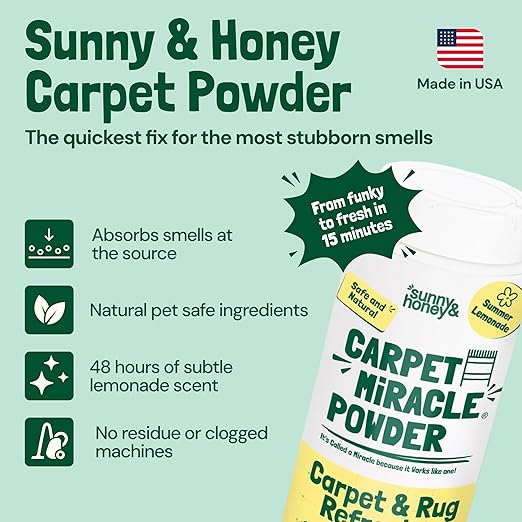 Sunny & Honey Carpet Deodorizer Powder - 20 Oz, Summer Lemonade Scent - Rug Cleaner & Carpet Cleaning Powder for Vacuuming & Upholstery Freshener for Pets & Kids