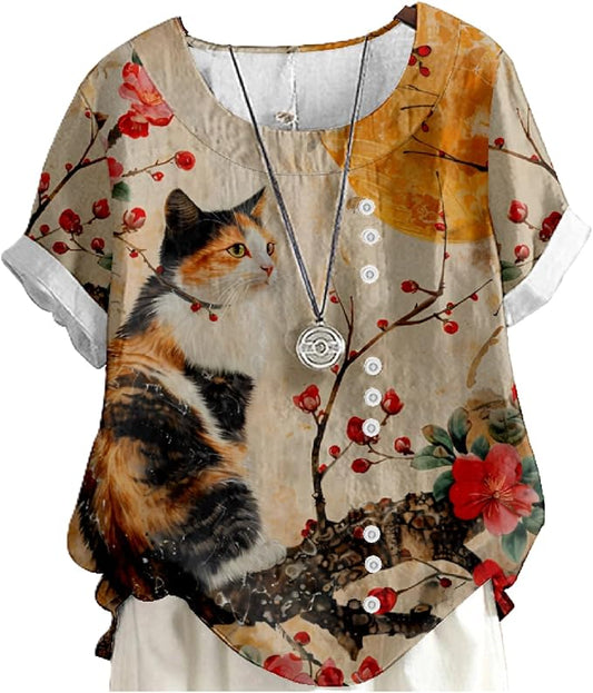 Japanese Print Women Summer Shirts Flower Bird Graphic Plus Size Tunic Tops Crewneck Short Sleeve Blouses