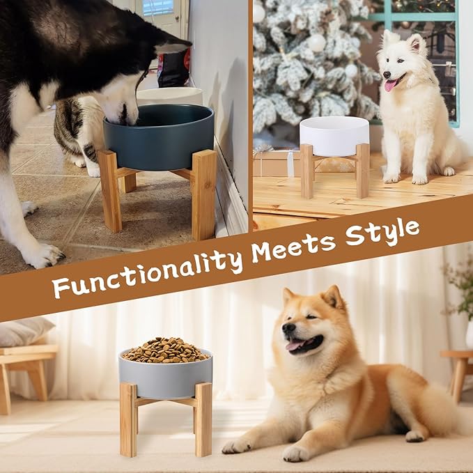Raised Ceramic Large Dog Bowl - Heavy Weighted Dog Dish with Bamboo Stand - Elevated for Comfortable Feeding - 8.3" W x 8" H - 4.5 Cups (68 fl oz) - Green