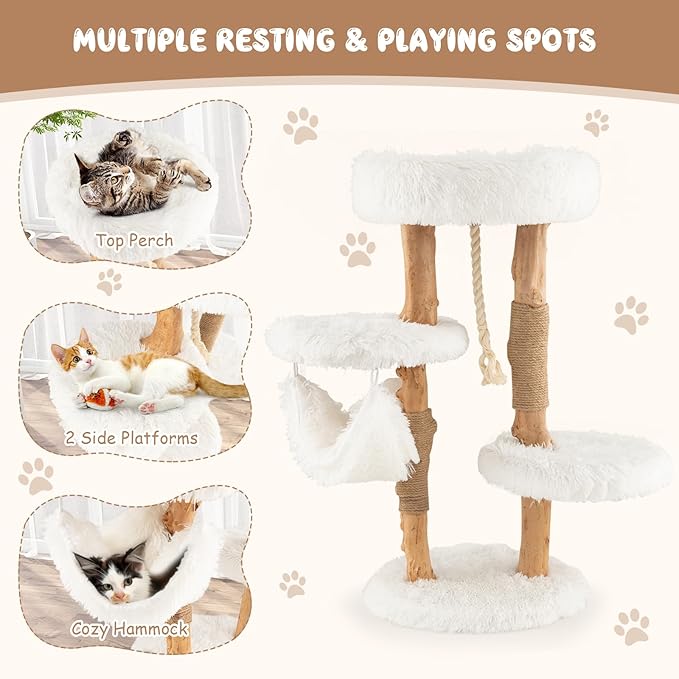 Tangkula Cat Tree Tower, Solid Wood Modern Cat Tower with Cozy Top Perch, 2 Platforms & 1 Hammock, Natural Branch Cute Cat Tree with Scratching Posts & Sisal Rope for Indoor Cats