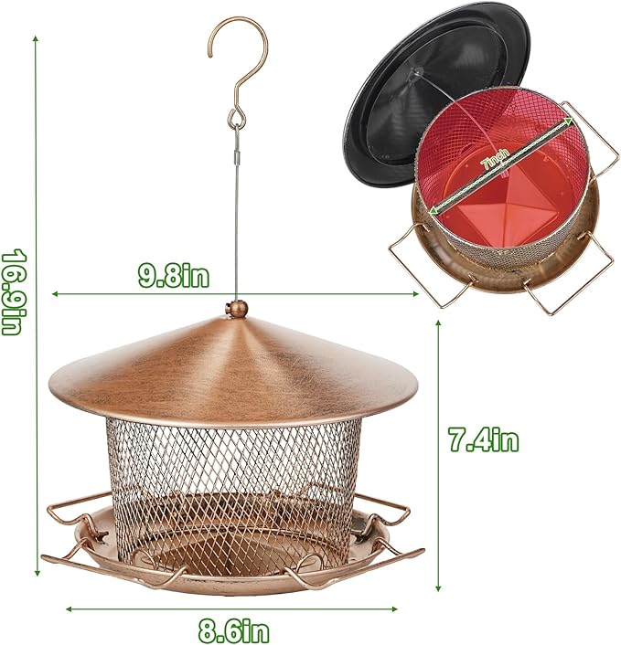 Bird Feeder for Outdoor, Weatherproof Rainproof All Metal Hanging Wild Bird Feeder with 9.8" Roof, 4.5 LBs Seeds Capacity, Easy to Clean & Refill