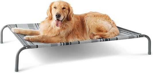 Bedsure Outdoor Elevated Dog Bed Large Sized Dog, Portable Indoor & Outdoor Cooling Raised Cot Pet Hammock Bed with Skid-Resistant Feet, Frame with Breathable Mesh, Striped Grey, 49 inches