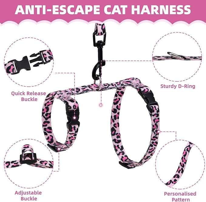 PAWCHIE Cat Harness and Leash Set, Cats Escape Proof-Adjustable Kitten Harness Lightweight Soft Outdoor Walking Travel Pet Safe Harness, Puppy Harness for Girl Cats Bunny Rabbit Small Dog, Pink S