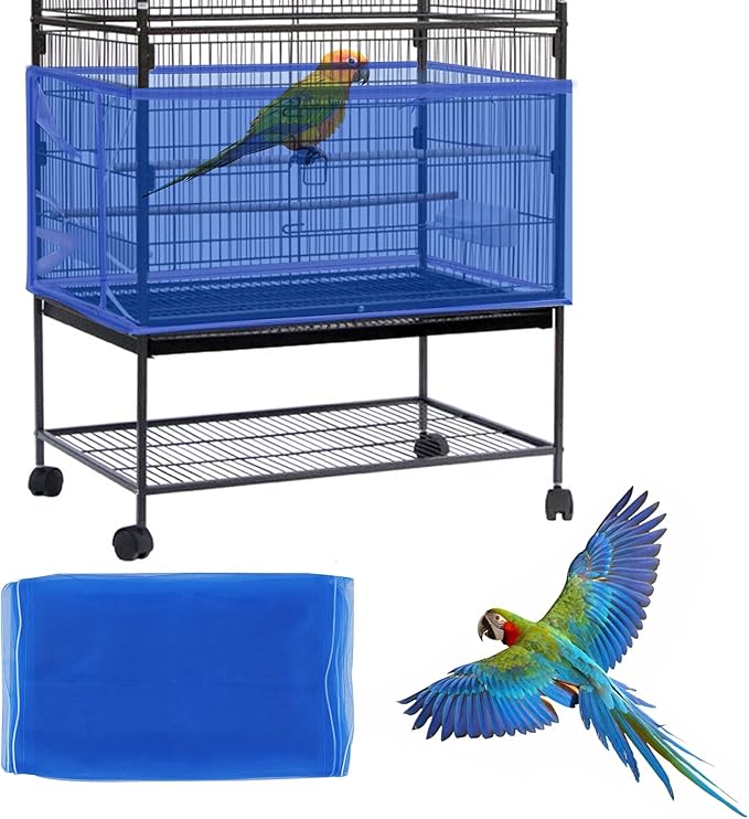 Daoeny Large Bird Cage Cover, Bird Cage Seed Catcher, Adjustable Soft Airy Nylon Mesh Net, Birdcage Cover Skirt Seed Guard for Parrot Parakeet Macaw African Round Square Cages (Blue)