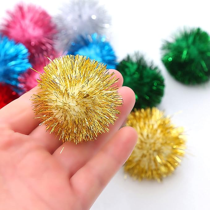 20 Pack 2 Inches Sparkle Balls for Cats, Large Size, Glitter Pom Poms Fuzzy Balls for Cats, Kitten Indoor Assorted Color Random