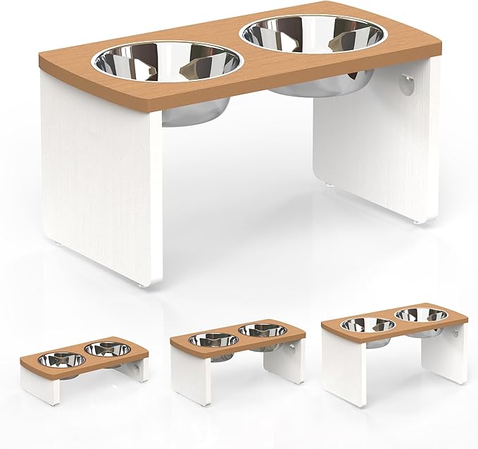 Elevated Dog Bowls, HIPS Raised Dog Bowl for Large Dogs & Medium Dogs, with 2 Stainless Steel Bowls (10'' Tall–48 oz Bowl, Teak-White)
