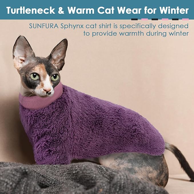SUNFURA Sphynx Cat Sweater, Hairless Cats Turtleneck Pullover Kitten Sweaters for Cats Only, Warm and Soft Cat Pajamas Shirt with Sleeves Pet Winter Clothes Fleece Jumpsuit for Puppy, Purple S