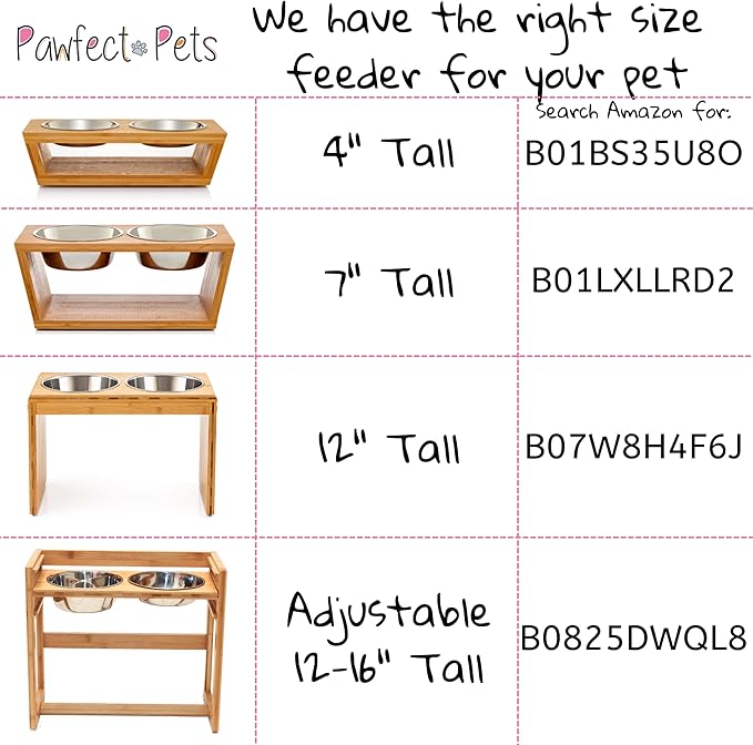 Adjustable Height Elevated Dog Bowls for Large Dogs- 12”, 14”, or 16” Tall with Four Stainless Steel Dog Bowls by Pawfect Pets