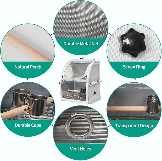 Bird Carrier Bag, Bird Travel Cage with Standing Perch and Indestructible Stainless Steel Mesh, Protable Transparent Breathable Carrier with Feeder Cups for Small Birds Parrot Parakeet, Grey