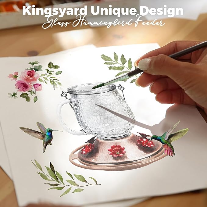 Kingsyard Glass Hummingbird Feeders for Outdoors, 16 Oz Wild Bird Feeder 6 Feeding Ports & Ant Moat Included, Hanging Bird Nectar Feeder for Garden Tree Yard Outside Decoration, Clear