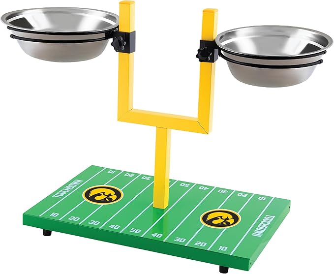 NCAA Iowa Hawkeyes Goalpost Football Field Dog Feeder – Adjustable Elevated Dog Bowls with Stand, 2 Stainless Steel Bowls, Non-Slip Rubber Feet, Raised Pet Feeder for Large & Small Dogs