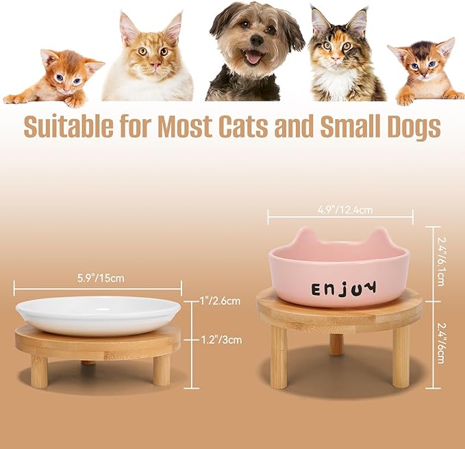 3PCS Elevated Cat Bowls,Wide Raised Ceramic Pet Dishes with Bamboo Stand, Whisker Friendly Pet Water or Food Plates Feeding Station for Indoor Small Dogs, Kitten (Pink+White)