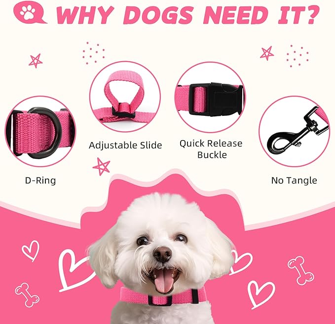 Rose Pink Dog Collar and Leash Set for Large Dog, Breathable, Anti-Odor & Soft, Comfortable for Sensitive Skin Puppies, 90% Bamboo Rayon, Adjustable Quick-Release Buckle Pet Collar for Large Breeds