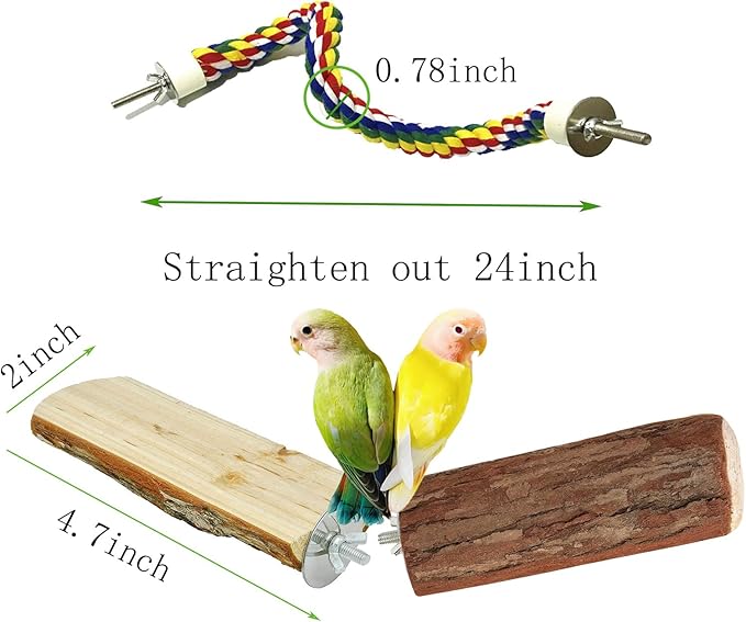 24 Inch Bird Perch Rope - Natural Wood Parrot Perch Stand,with 0.78 Inch Diameter Metal Screw Ends,Interactive Chewing Climbing Toy for Parakeets, Budgies,Cockatiels, Small to Medium Birds