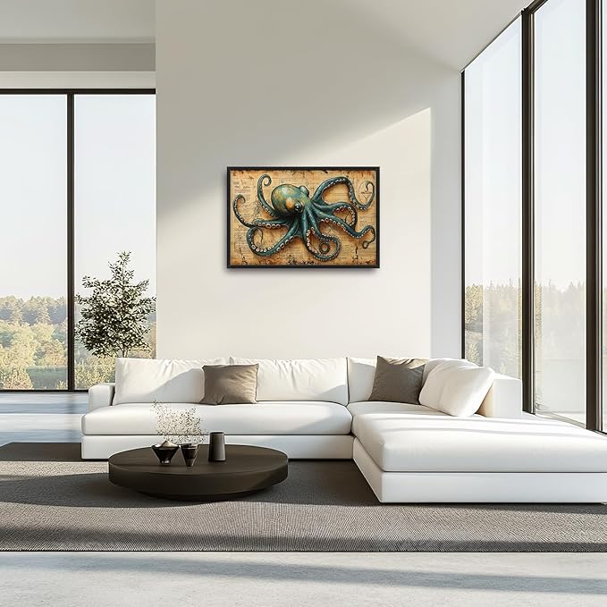 Large Octopus Nautical Wall Art for Living Room, Vintage Ocean Canvas Oversized Wall Decor, Rustic Sea Animal Framed Pictures Painting Print Artwork for Bedroom Office 36"L x 24"W