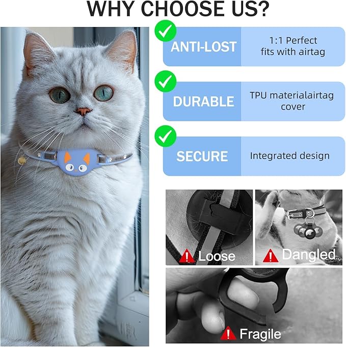Airtag Cat Collar Breakaway, Reflective Kitten Collar with Apple Air Tag Holder and Bell for Girl Boy Cats, Lightweight Cat Collars for Apple AirTag, Hidden GPS Tracker Holder for Cats, Blue (9-13")