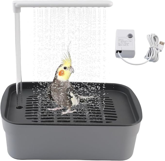 PINVNBY Automatic Bird Bath Shower for Cage,Parrot Bath Box with Pump,Parakeet Bathtub Electric Fountain Circulating Water Contains USB Power Plug for Cockatiel Lovebird Conure Budgie(Gray)