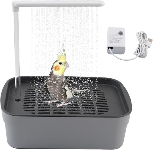 PINVNBY Automatic Bird Bath Shower for Cage,Parrot Bath Box with Pump,Parakeet Bathtub Electric Fountain Circulating Water Contains USB Power Plug for Cockatiel Lovebird Conure Budgie(Gray)