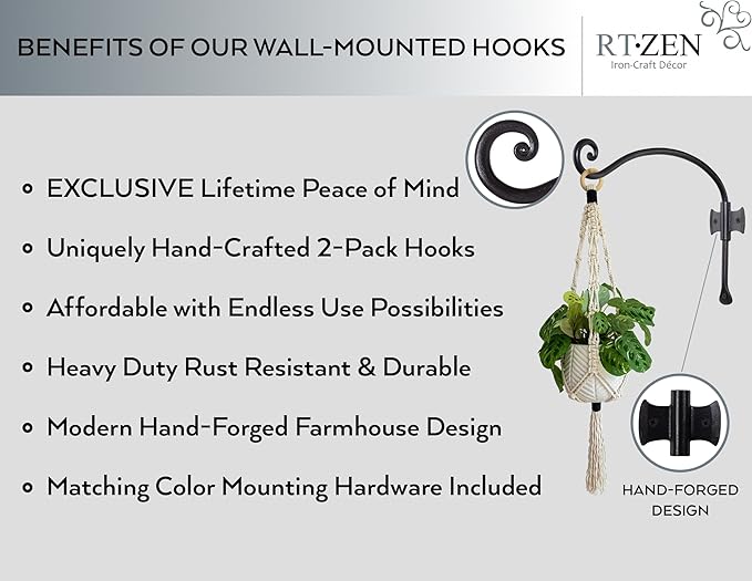 RTZEN Plant Hangers Outdoor or Indoor - Wrought Iron Metal Hanger Indoor Hook - Heavy Duty Wall Bracket Hooks for Hanging Plants Baskets Lanterns Wind Chimes - 2 Pack (Black Axe-Shape Hooks)
