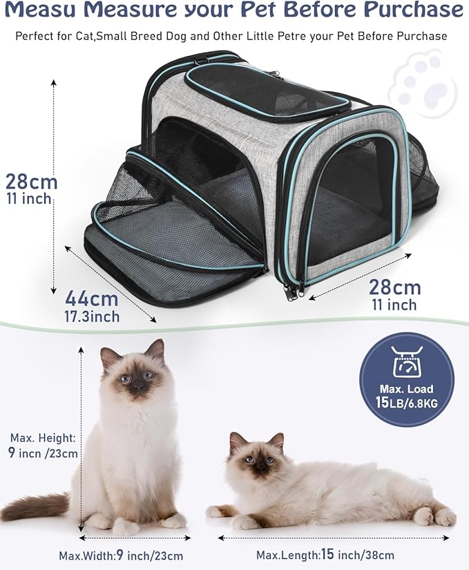 Siivton Cat Carrier,4 Sided Expandable Pet Carrier for Travel,Collapsible Soft-Sided Carriers with Removable Fleece Pad and Shoulder Straps,Airline Approved(17.5"x 11"x 11")