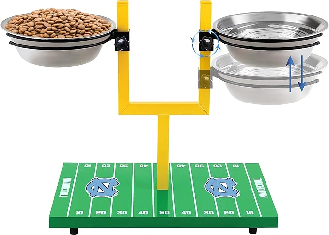 NCAA North Carolina Tar Heels Goalpost Football Field Dog Feeder – Adjustable Elevated Dog Bowls with Stand, 2 Stainless Steel Bowls, Non-Slip Rubber Feet, Raised Pet Feeder for Large & Small Dogs