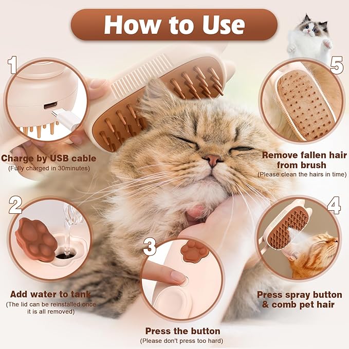 Cat Steam Brush for Shedding, Spritz Defur Comb 3 in 1 Pet Rechargeable Steam Brush Tool for Long and Short Haired Cats and Dogs, Anti-Static, Shedding, Detangling, Massage & Combing (White)